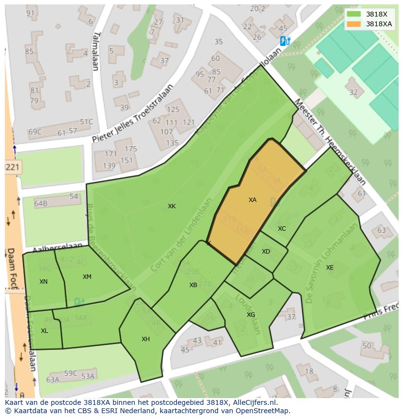 Afbeelding van het postcodegebied 3818 XA op de kaart.