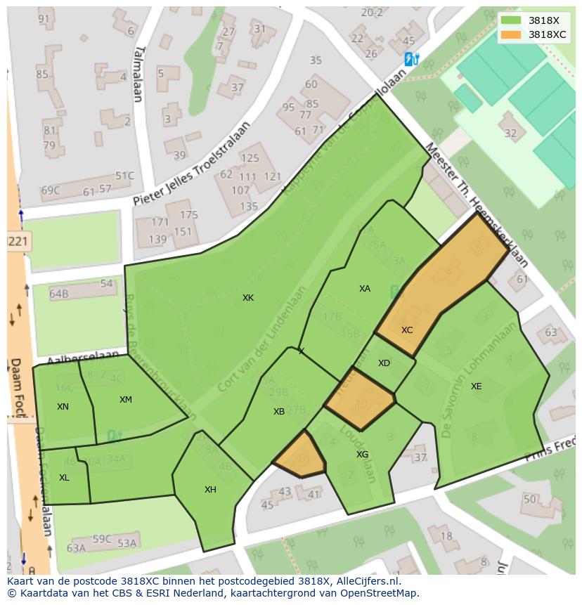 Afbeelding van het postcodegebied 3818 XC op de kaart.