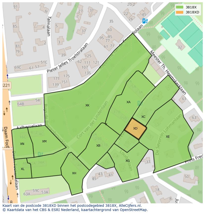 Afbeelding van het postcodegebied 3818 XD op de kaart.