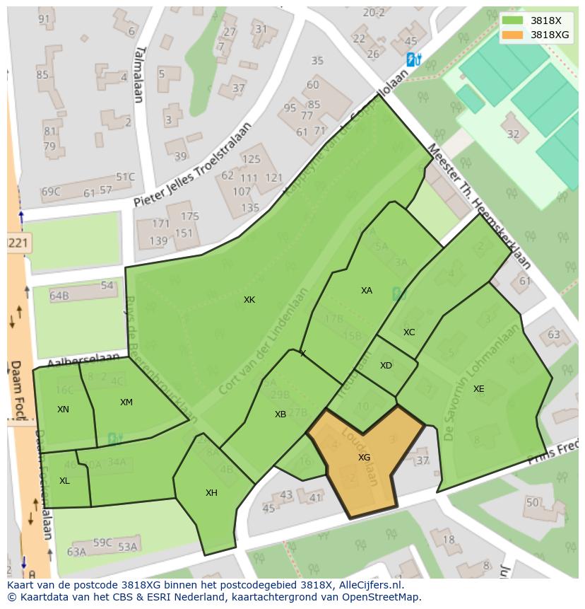 Afbeelding van het postcodegebied 3818 XG op de kaart.