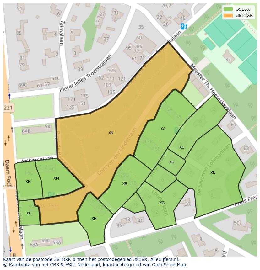Afbeelding van het postcodegebied 3818 XK op de kaart.