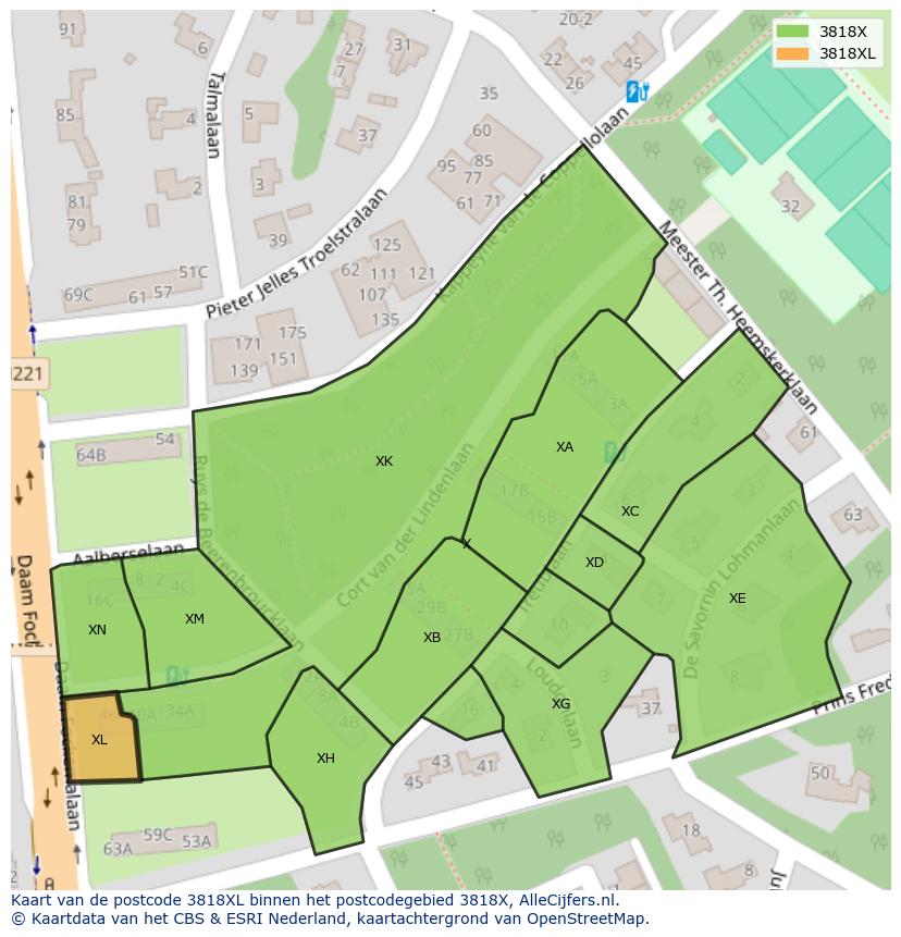 Afbeelding van het postcodegebied 3818 XL op de kaart.