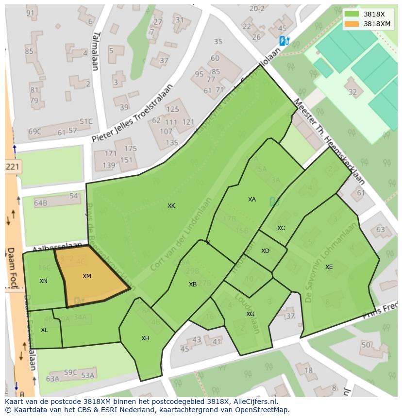Afbeelding van het postcodegebied 3818 XM op de kaart.