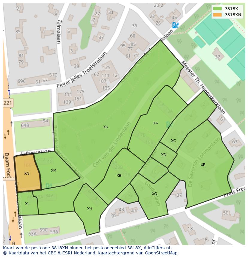 Afbeelding van het postcodegebied 3818 XN op de kaart.