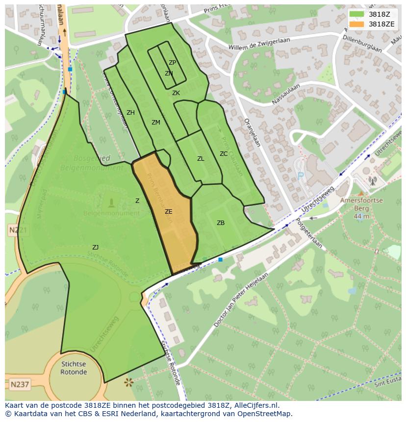 Afbeelding van het postcodegebied 3818 ZE op de kaart.