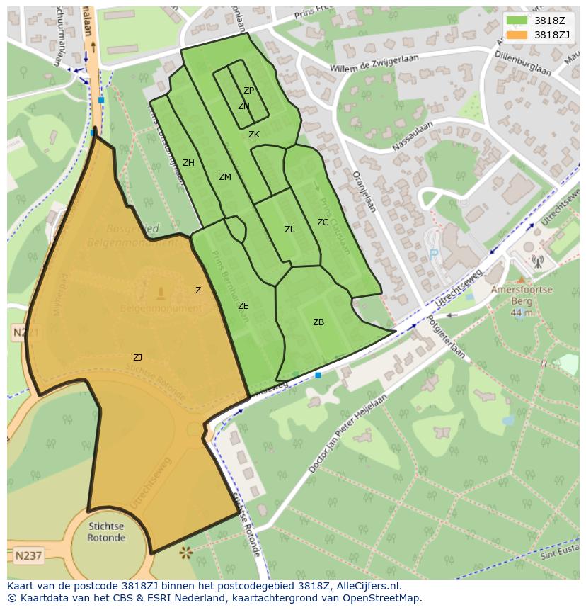 Afbeelding van het postcodegebied 3818 ZJ op de kaart.