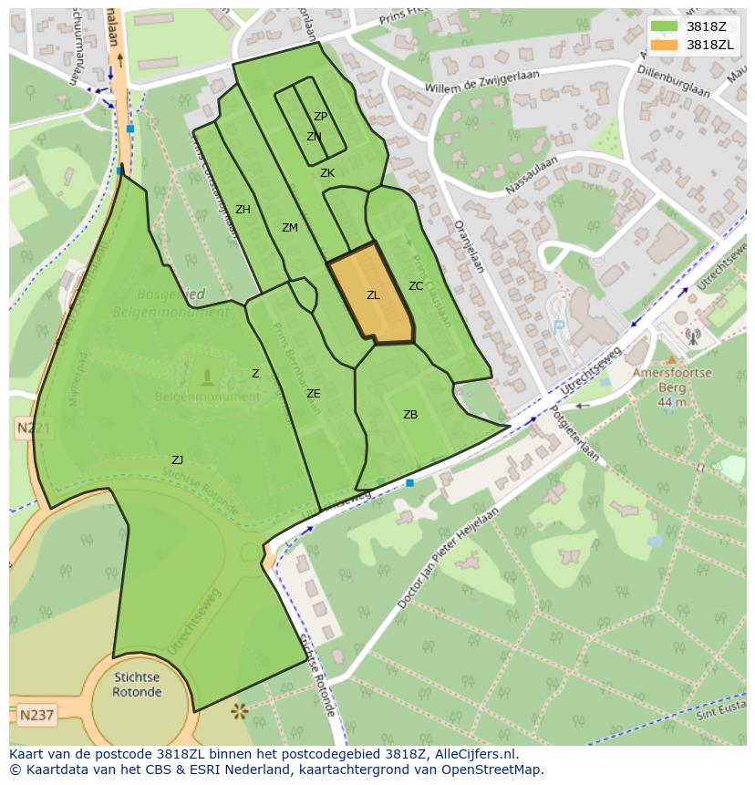 Afbeelding van het postcodegebied 3818 ZL op de kaart.