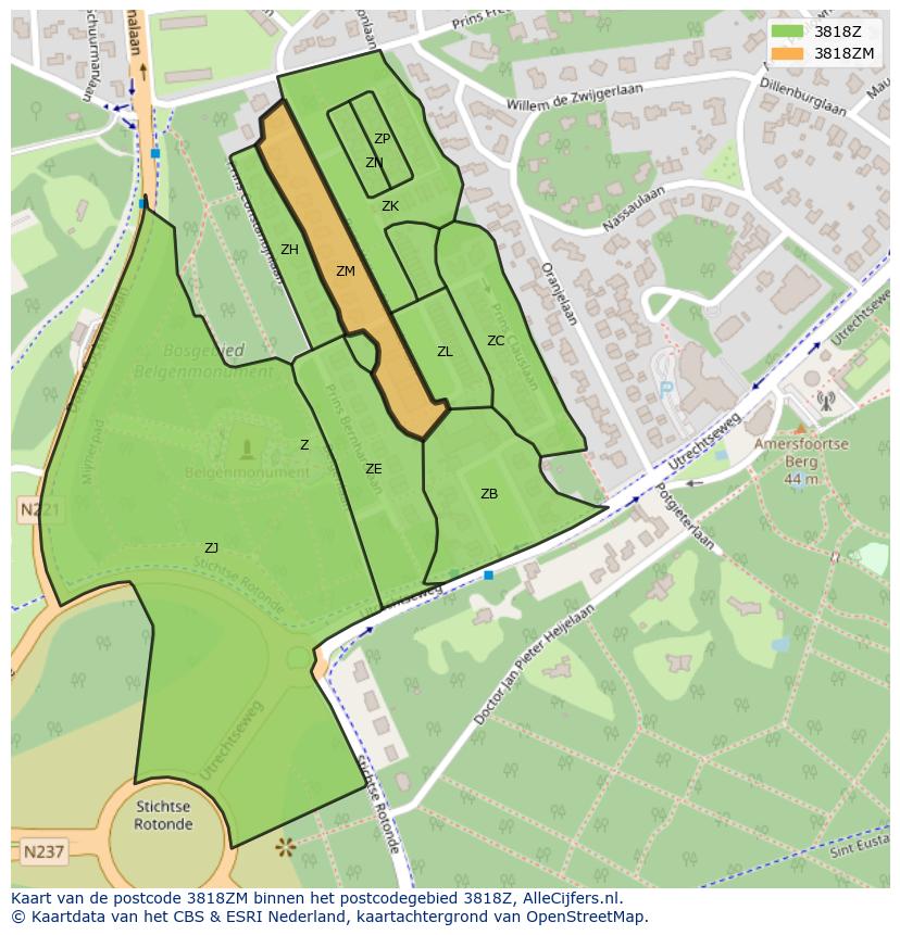 Afbeelding van het postcodegebied 3818 ZM op de kaart.