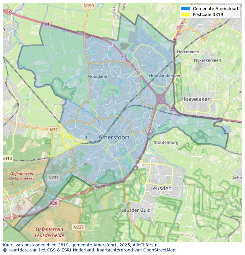 Afbeelding van het postcodegebied 3819 op de kaart.