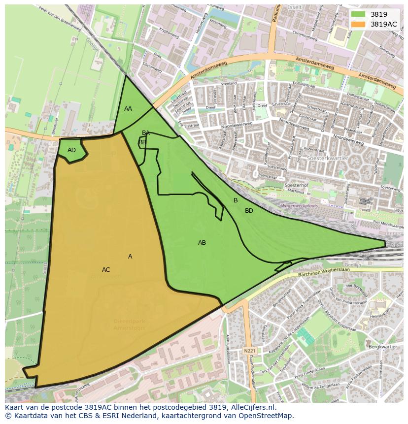 Afbeelding van het postcodegebied 3819 AC op de kaart.