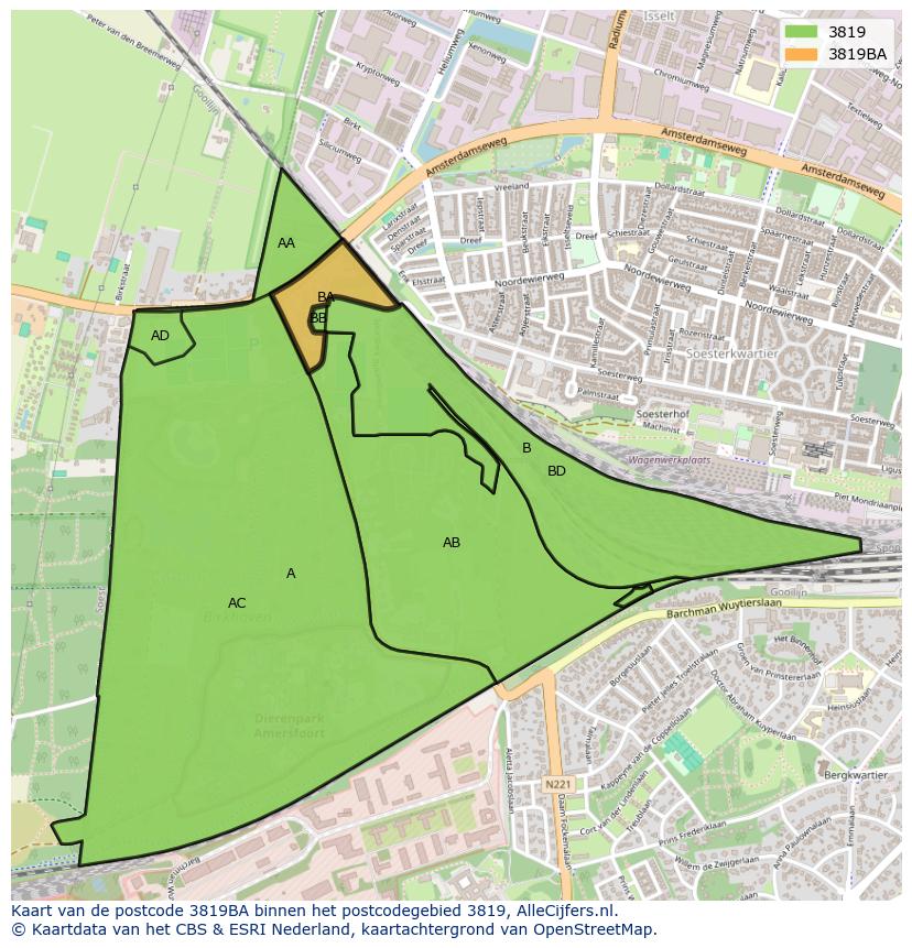 Afbeelding van het postcodegebied 3819 BA op de kaart.