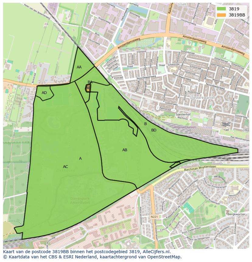 Afbeelding van het postcodegebied 3819 BB op de kaart.