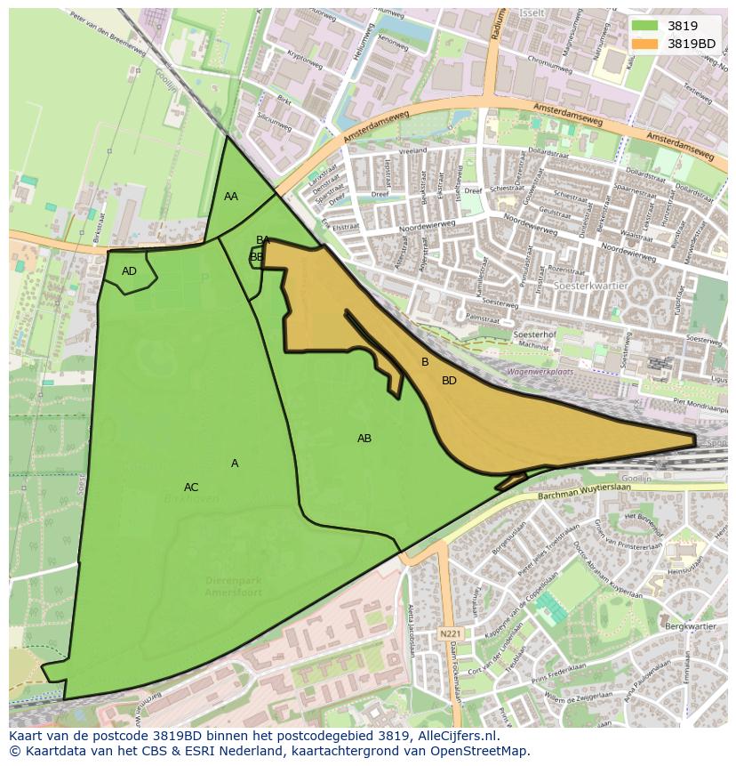 Afbeelding van het postcodegebied 3819 BD op de kaart.
