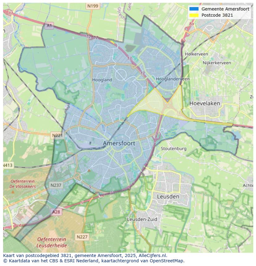 Afbeelding van het postcodegebied 3821 op de kaart.
