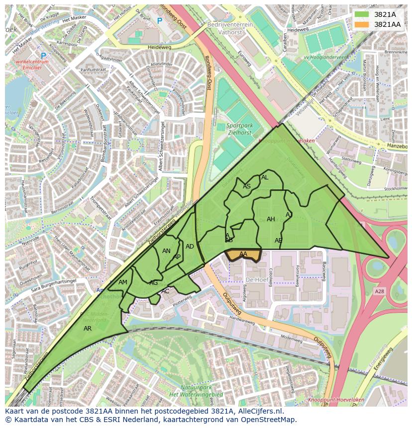 Afbeelding van het postcodegebied 3821 AA op de kaart.