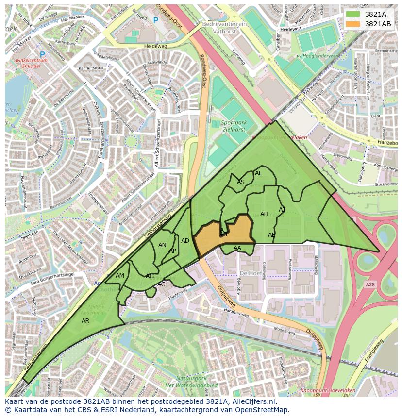 Afbeelding van het postcodegebied 3821 AB op de kaart.
