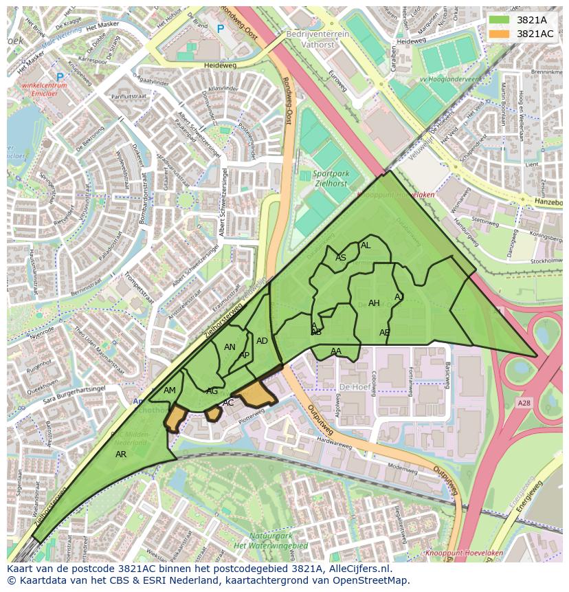 Afbeelding van het postcodegebied 3821 AC op de kaart.
