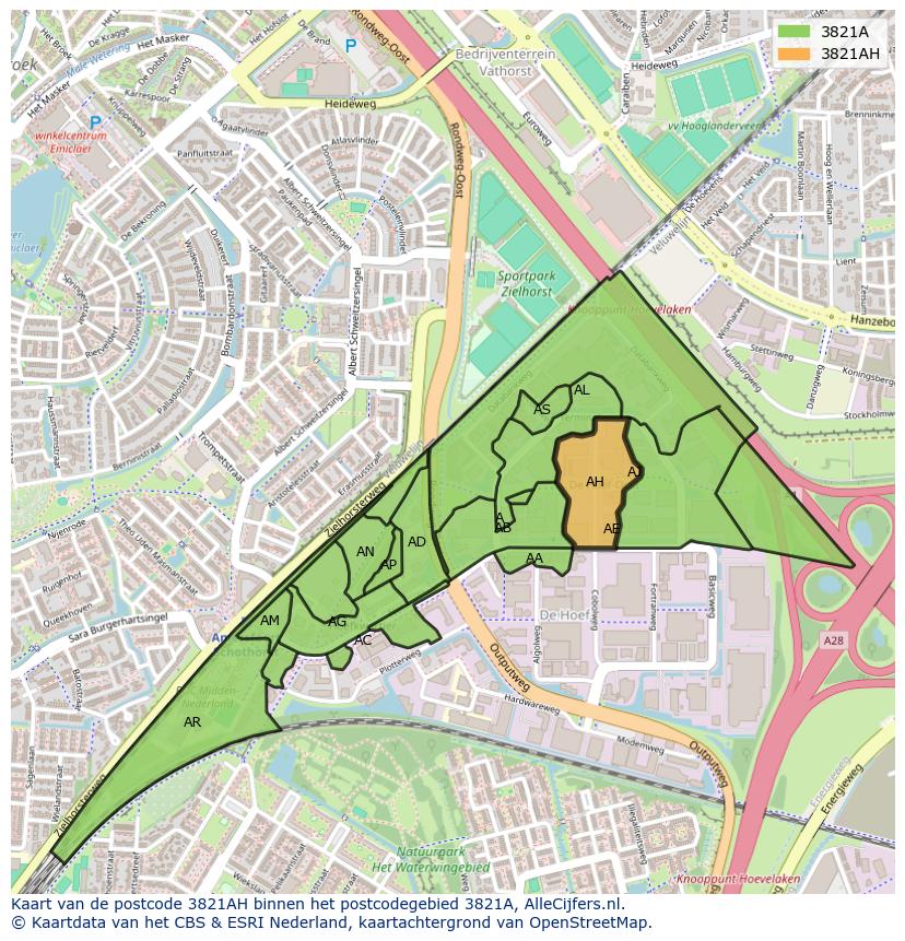 Afbeelding van het postcodegebied 3821 AH op de kaart.