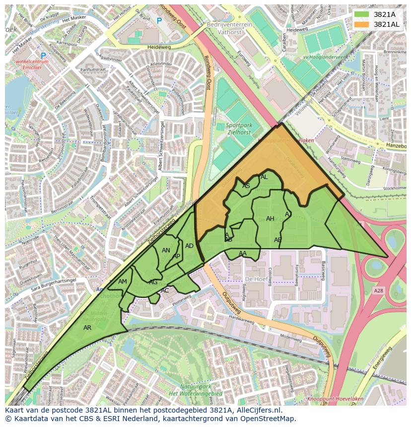 Afbeelding van het postcodegebied 3821 AL op de kaart.