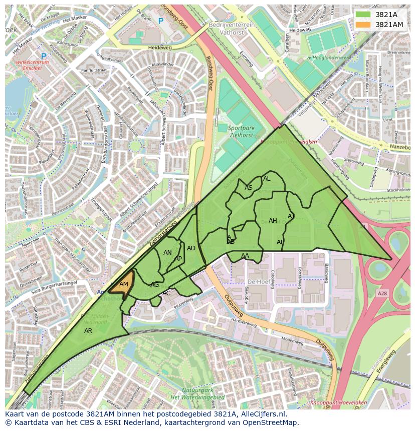 Afbeelding van het postcodegebied 3821 AM op de kaart.
