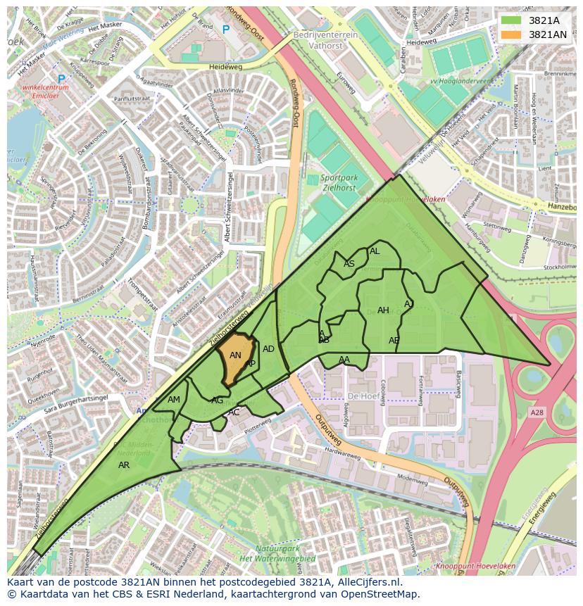 Afbeelding van het postcodegebied 3821 AN op de kaart.