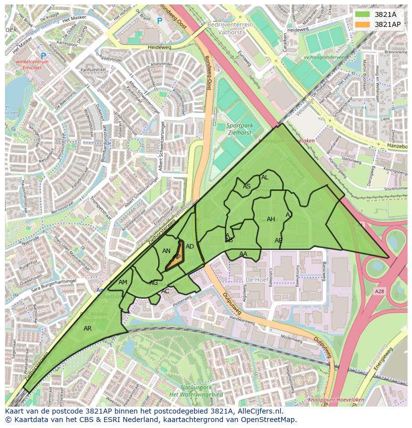 Afbeelding van het postcodegebied 3821 AP op de kaart.