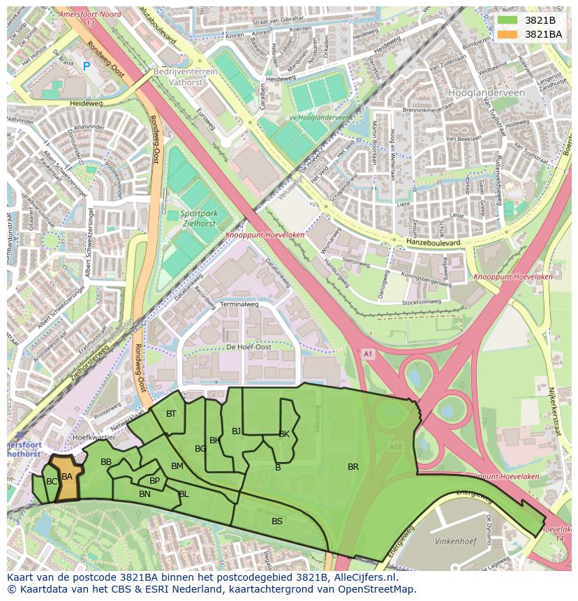 Afbeelding van het postcodegebied 3821 BA op de kaart.