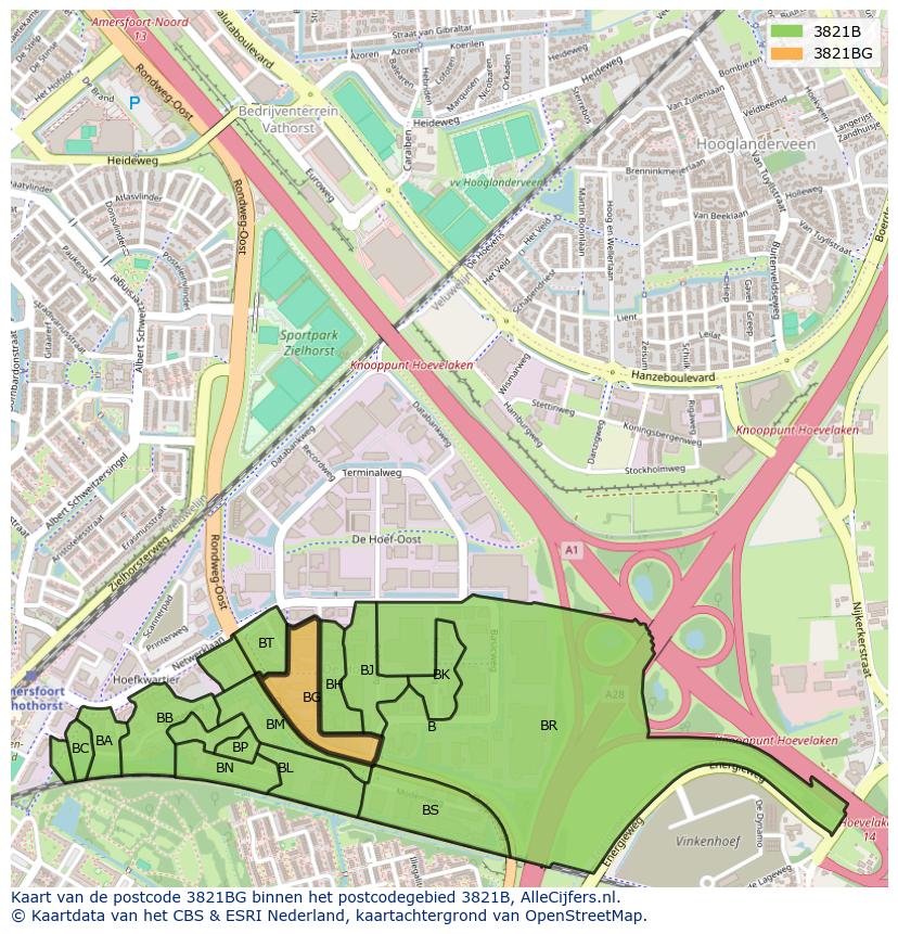 Afbeelding van het postcodegebied 3821 BG op de kaart.