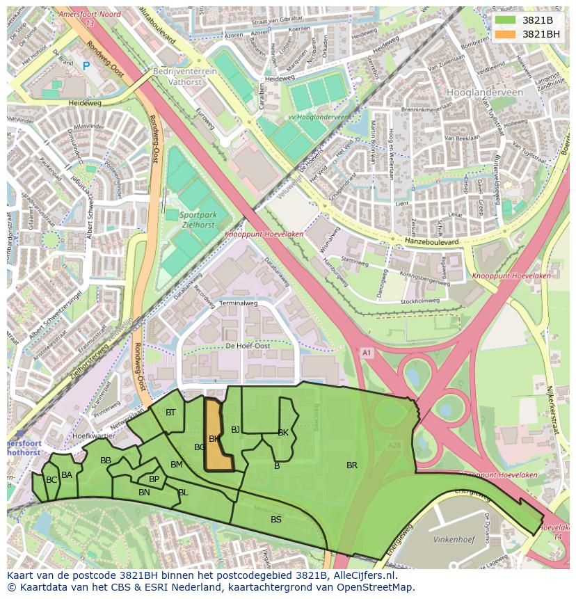 Afbeelding van het postcodegebied 3821 BH op de kaart.