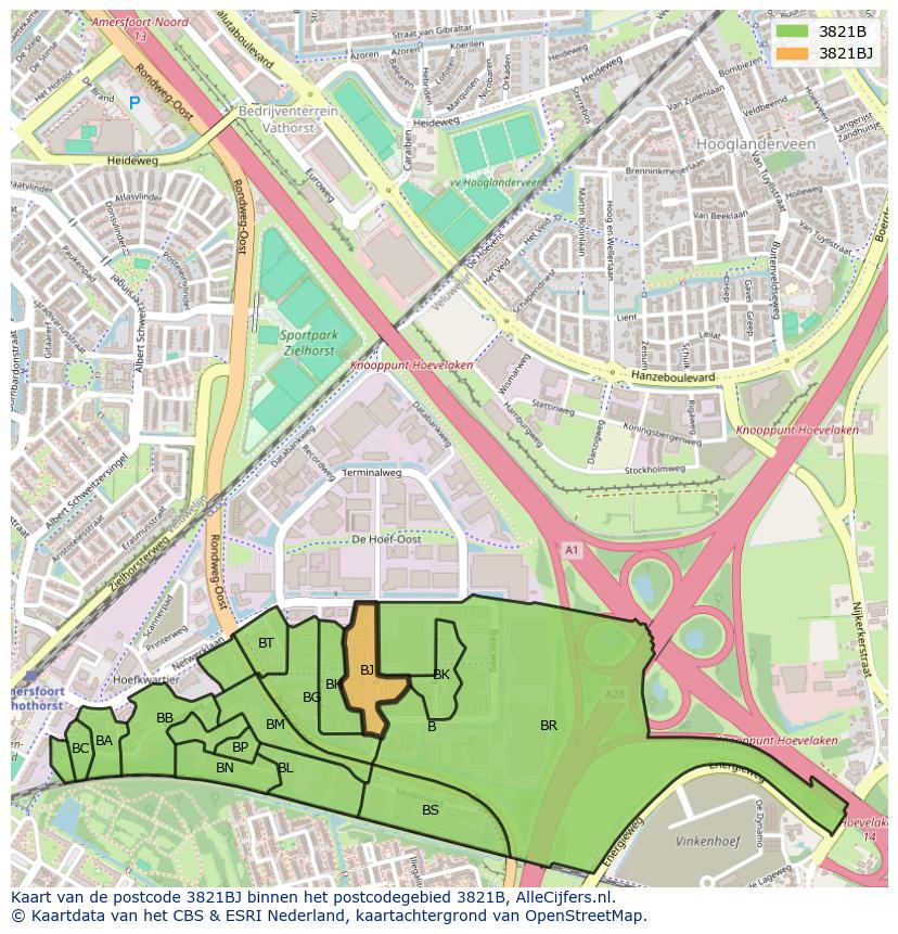 Afbeelding van het postcodegebied 3821 BJ op de kaart.