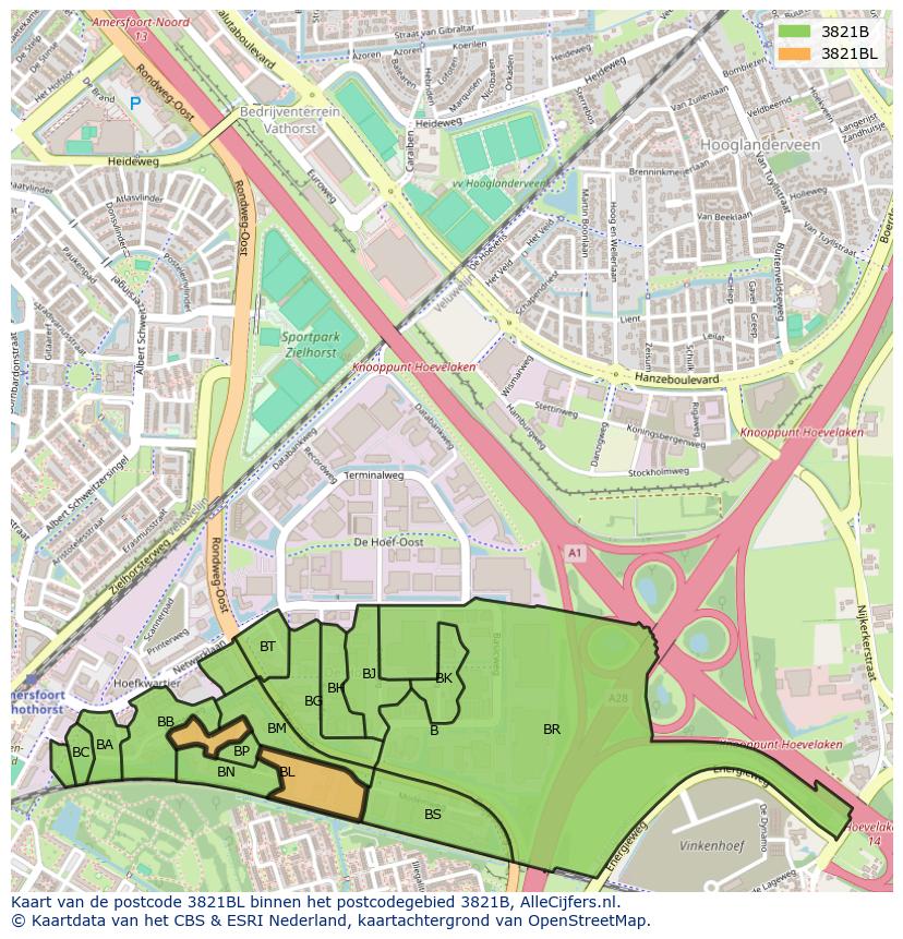 Afbeelding van het postcodegebied 3821 BL op de kaart.