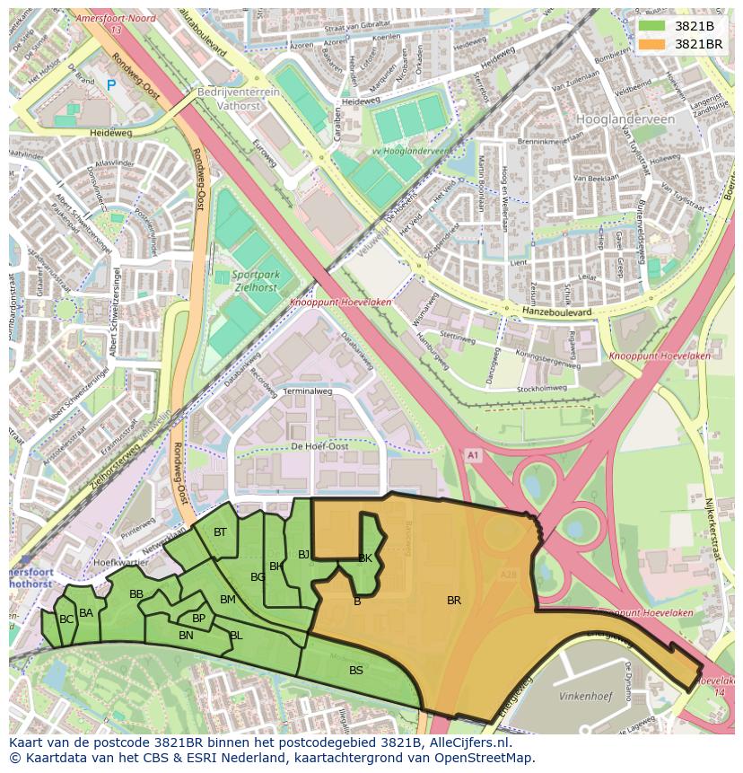 Afbeelding van het postcodegebied 3821 BR op de kaart.