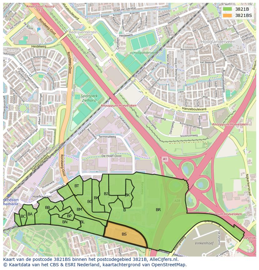 Afbeelding van het postcodegebied 3821 BS op de kaart.