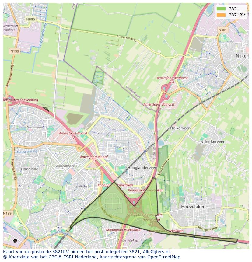 Afbeelding van het postcodegebied 3821 RV op de kaart.