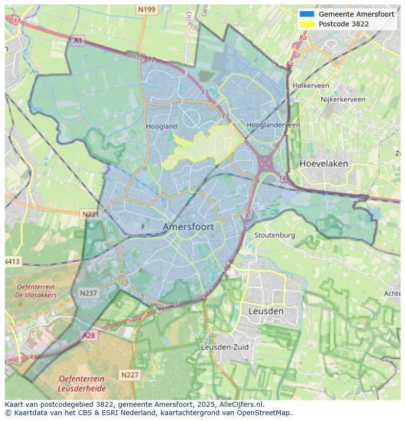 Afbeelding van het postcodegebied 3822 op de kaart.