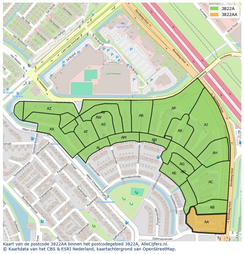 Afbeelding van het postcodegebied 3822 AA op de kaart.