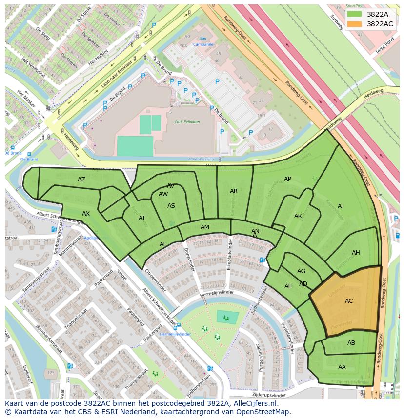 Afbeelding van het postcodegebied 3822 AC op de kaart.