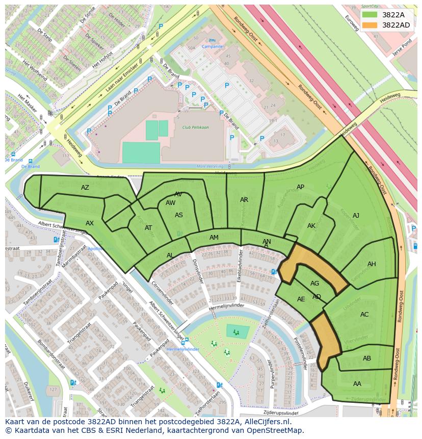Afbeelding van het postcodegebied 3822 AD op de kaart.