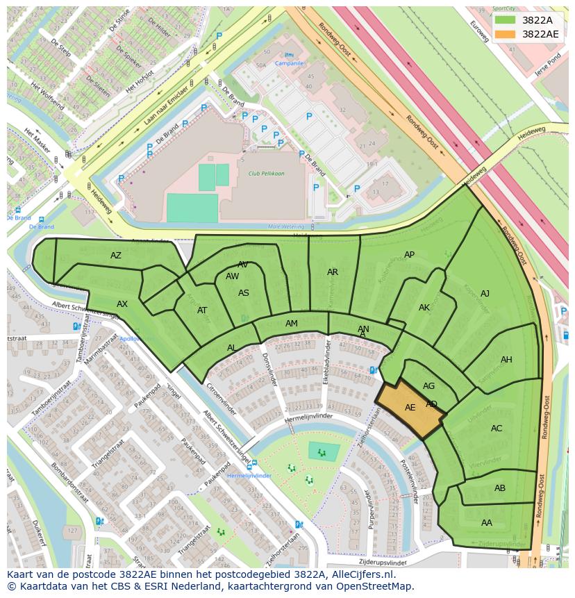 Afbeelding van het postcodegebied 3822 AE op de kaart.