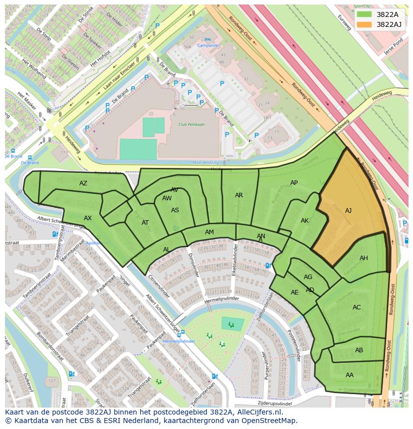 Afbeelding van het postcodegebied 3822 AJ op de kaart.