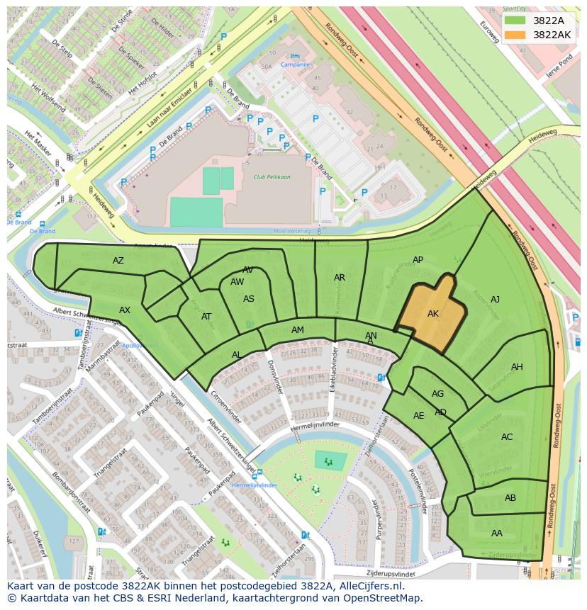 Afbeelding van het postcodegebied 3822 AK op de kaart.