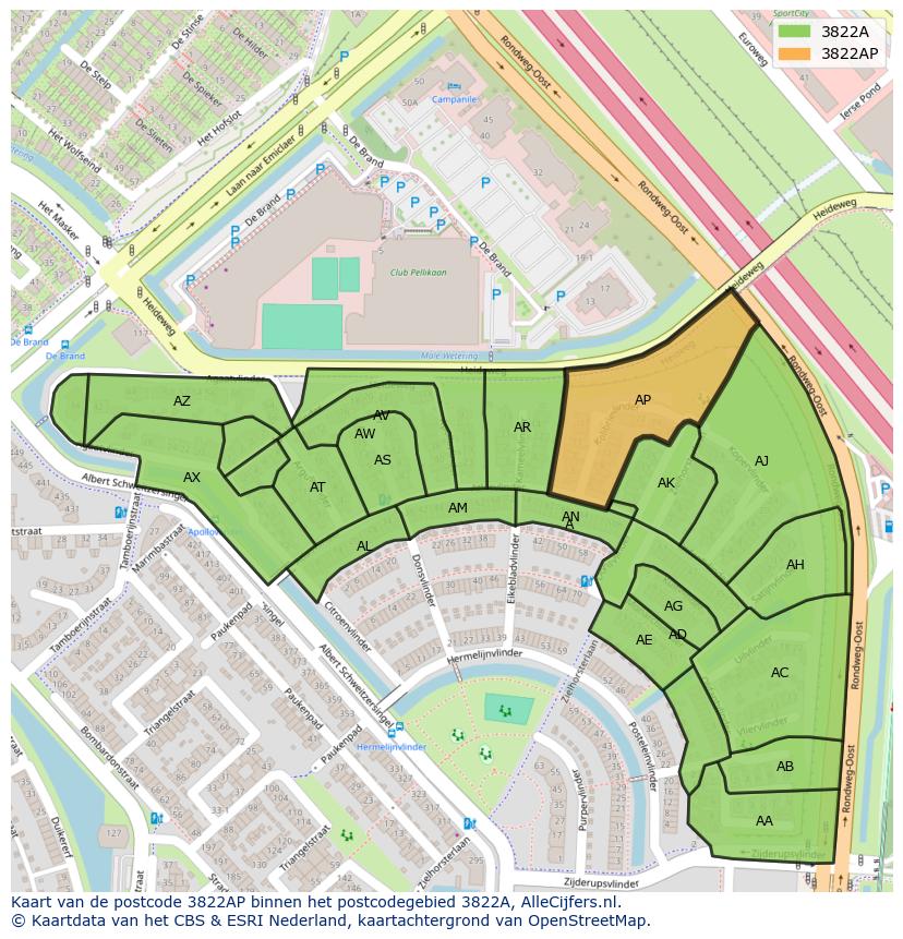 Afbeelding van het postcodegebied 3822 AP op de kaart.