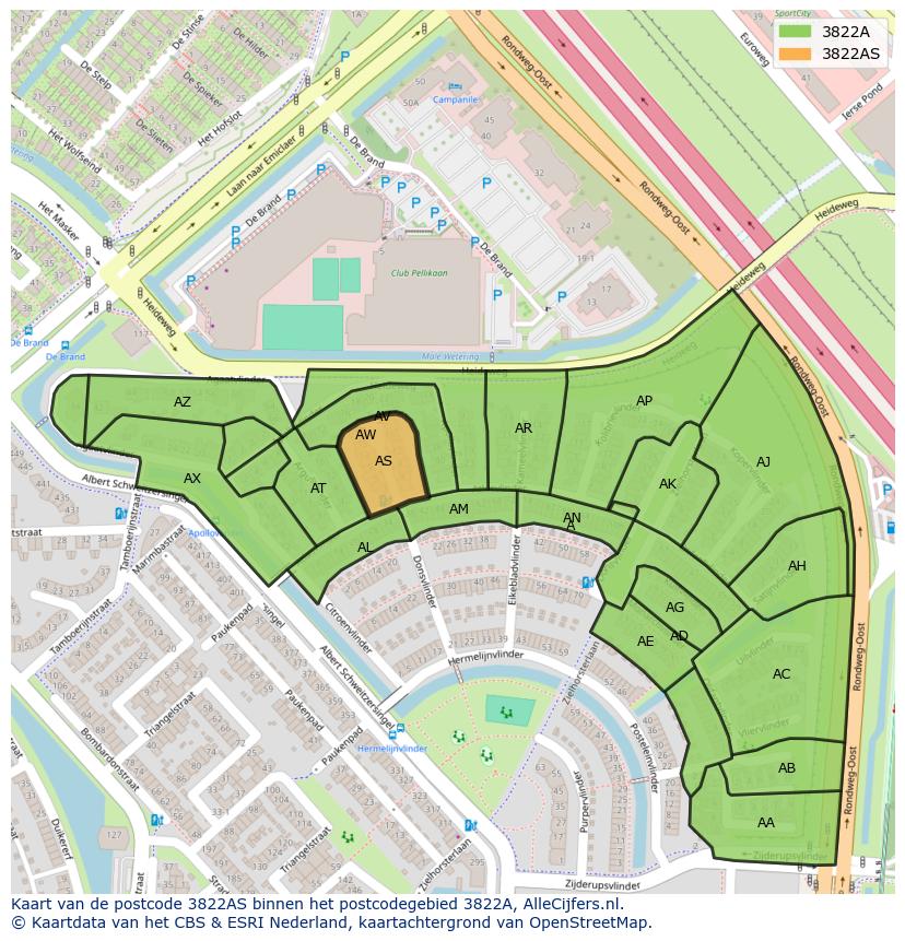 Afbeelding van het postcodegebied 3822 AS op de kaart.