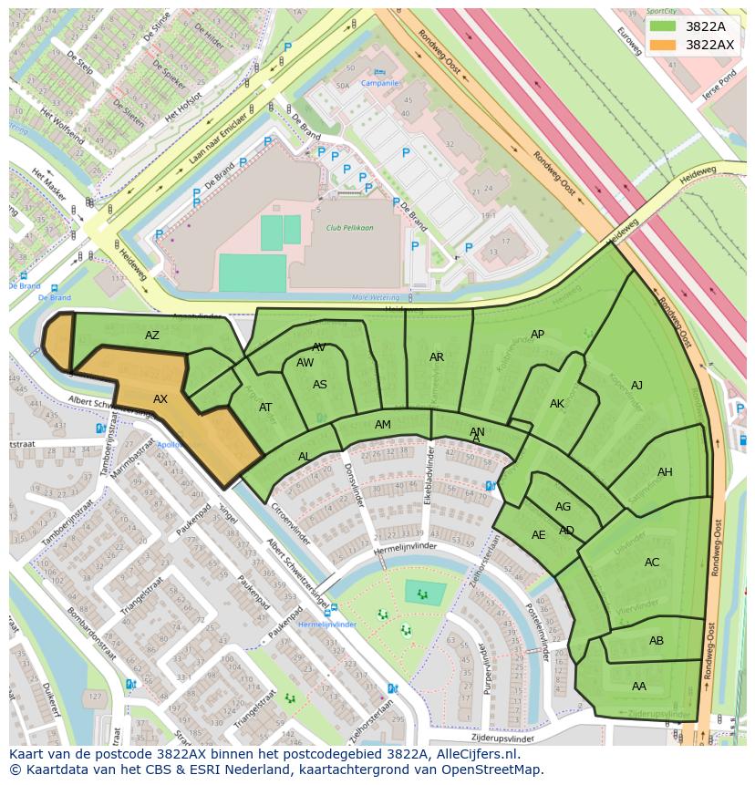 Afbeelding van het postcodegebied 3822 AX op de kaart.