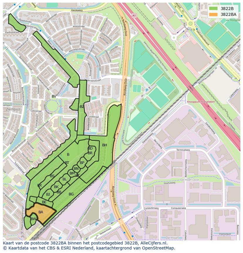 Afbeelding van het postcodegebied 3822 BA op de kaart.