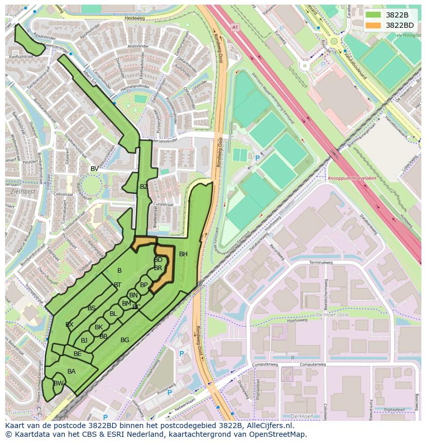 Afbeelding van het postcodegebied 3822 BD op de kaart.