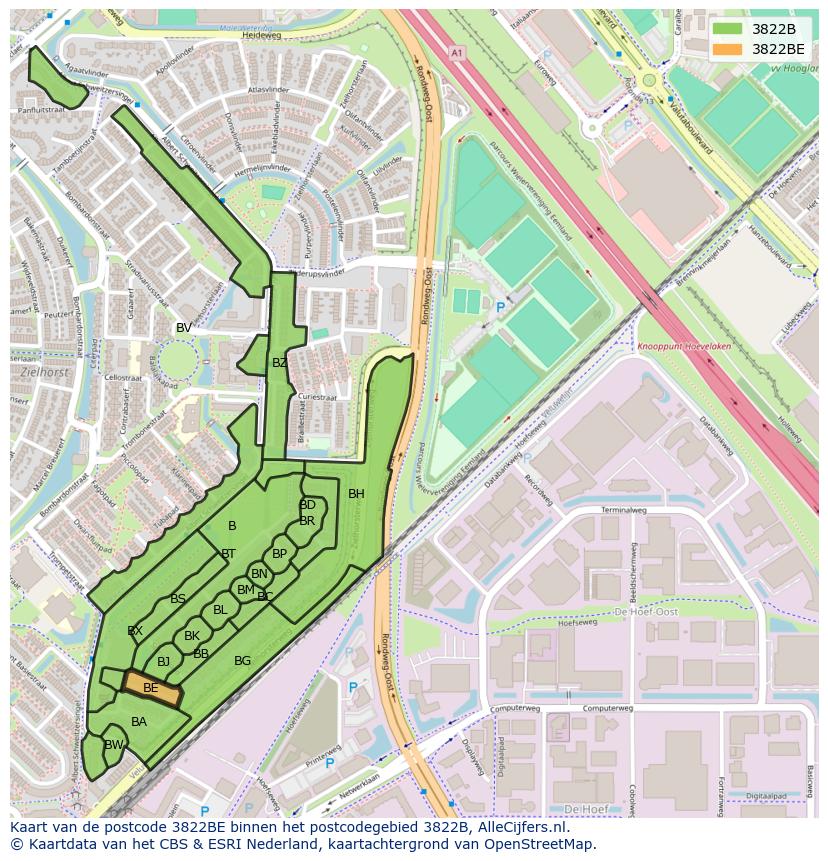 Afbeelding van het postcodegebied 3822 BE op de kaart.