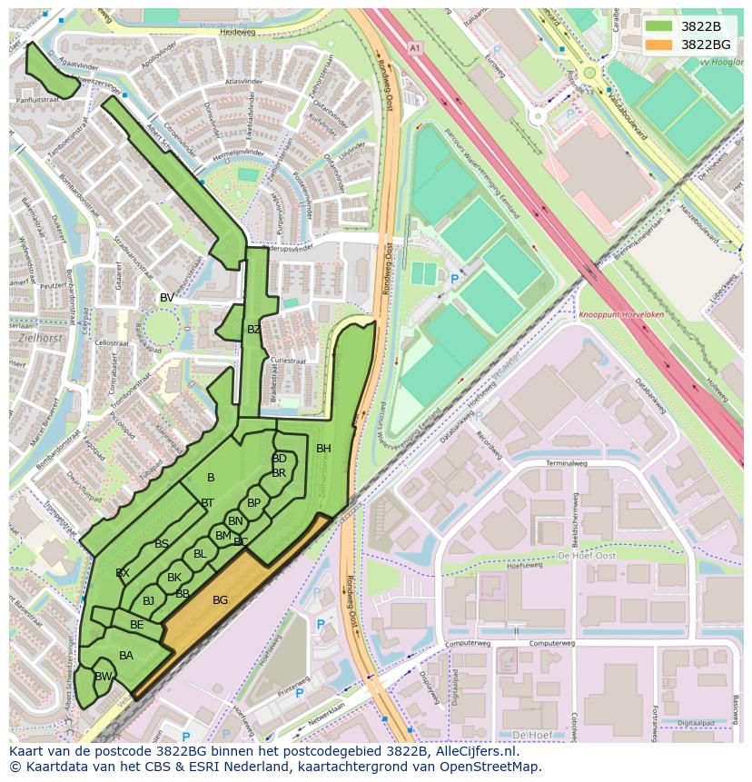 Afbeelding van het postcodegebied 3822 BG op de kaart.