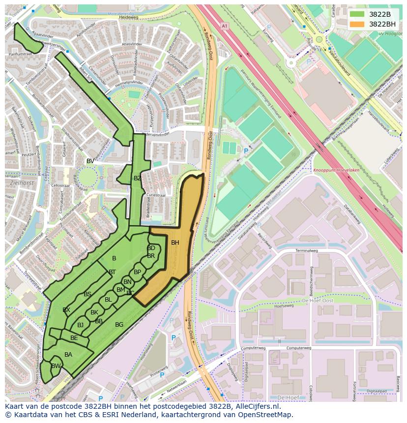 Afbeelding van het postcodegebied 3822 BH op de kaart.