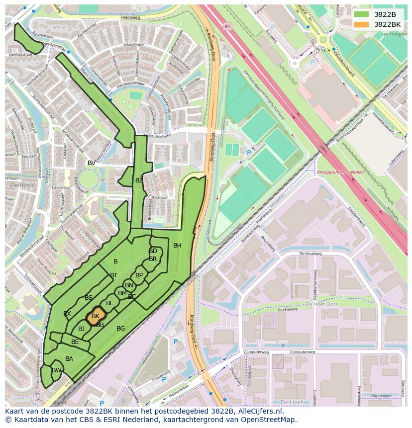 Afbeelding van het postcodegebied 3822 BK op de kaart.